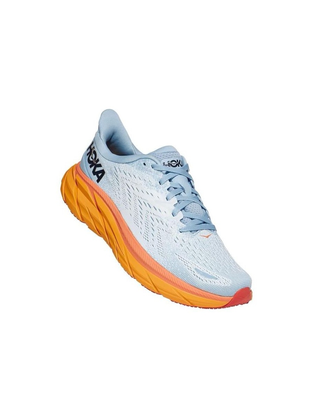 Hoka Women’s Light Blue Running Shoe with Orange and Pink Midsole
